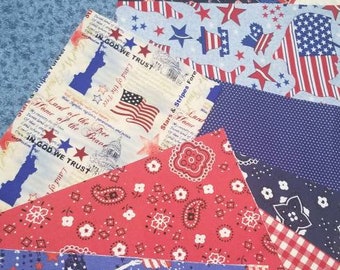 USA Fabric Bundle / Patriotic 12 inch Quilt Squares / 12 Red White and Blue Fabric Squares / quilt Squares / Patriotic Fabric Bundle