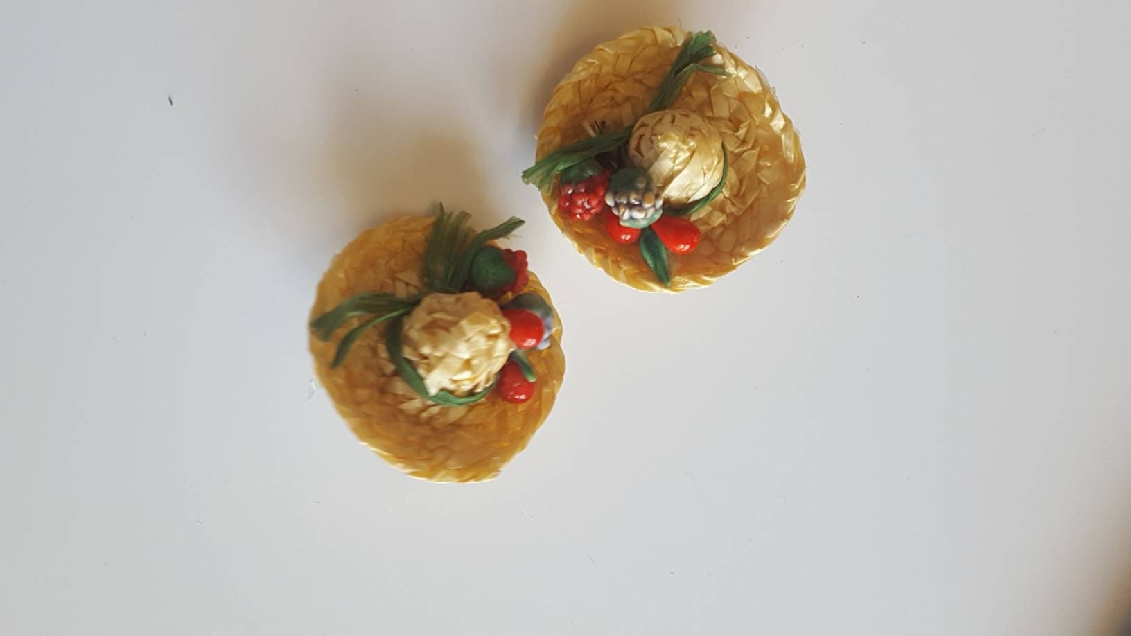 Vintage Straw Hat Earrings / West Germany / Fruit Earrings / Straw Clip