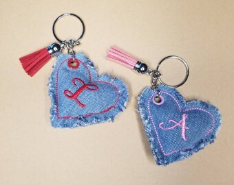 Denim Monogrammed Heart Keychain / Zipper Pull / Embroidered Monogram Keychain / Puffy Heart Keychain / Valentines Gift Ideas