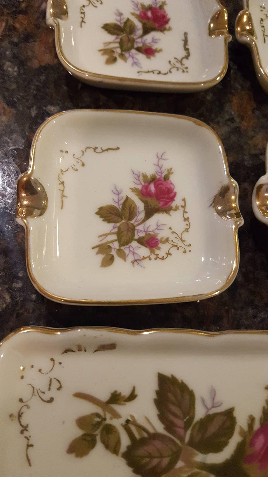 Vintage Porcelain Snack Sushi Set / Rose pattern Mini Plates / Gold Rim