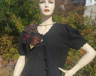 Vintage Black Knit Sweater / Mohair and Wool Susan Bristol 1990 Short Sleeve Button Blouse / Bolero Style Sweater