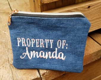 Denim bags / Property of / Zippered Pouch / Money Bag / Custom Zipper Pouch / make Up Bag / Zip Bag / Gifts / Pencil Case / personalized