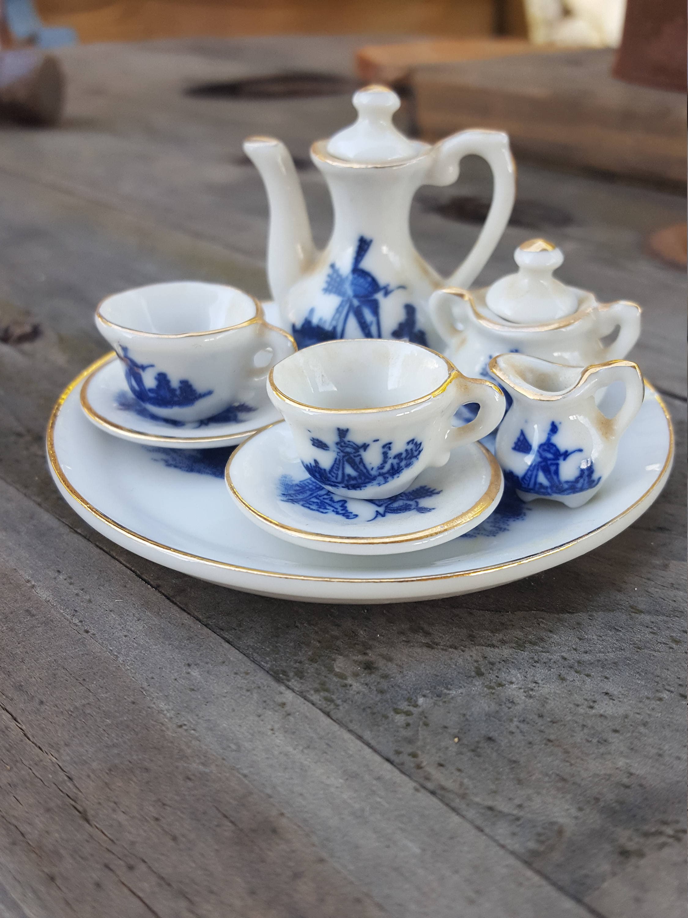 DELFT Tea Set / Vintage Tea Set 10 piece / Windmill Miniature Tea Set / Shabby Chic / Child's