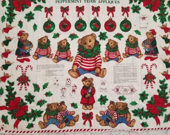 Peppermint Teddy Bears / Applique Fabric Panel / Joan Kessler / Concord Fabrics / Christmas Fabric Panel / 1 yard