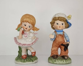 HOMCO Girl with Bunny and Carrots / Boy with Slingshot Figurines / Easter Decor / Collectible