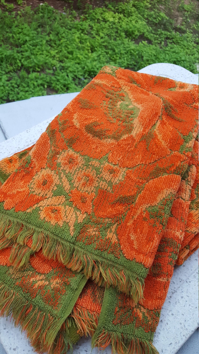 Fieldcrest Ocean Green with Orange Fringe Bath Towel Set