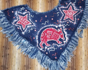 Vintage Denim Fringe Collar / Applique Hand Painted Armadillo  Bib Collar / Fringe Western Bandana