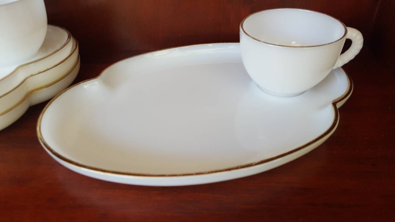 Vintage MILK GLASS Snack Tray & Cup / Gold Rim Luncheon Setting ... Vintage MILK GLASS Snack Tray & Cup / Gold Rim Luncheon Setting ...