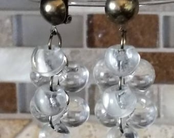 Vintage Dangle Chandelier Earrings / Transparent Bead Earrings / Clear Jewelry / Clip on Earrings