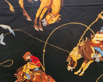 Cowboys and Horses Fabric By The Yard / Wild Men / Wild Horses on Black 1991 1992