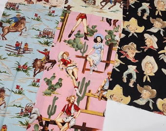 Cowboy Theme Fabric Bundle / Western Fabric / Cowgirl Pin Up Fabric / Rodeo Fabric / Cowboy Scrap Bag / 6 designs