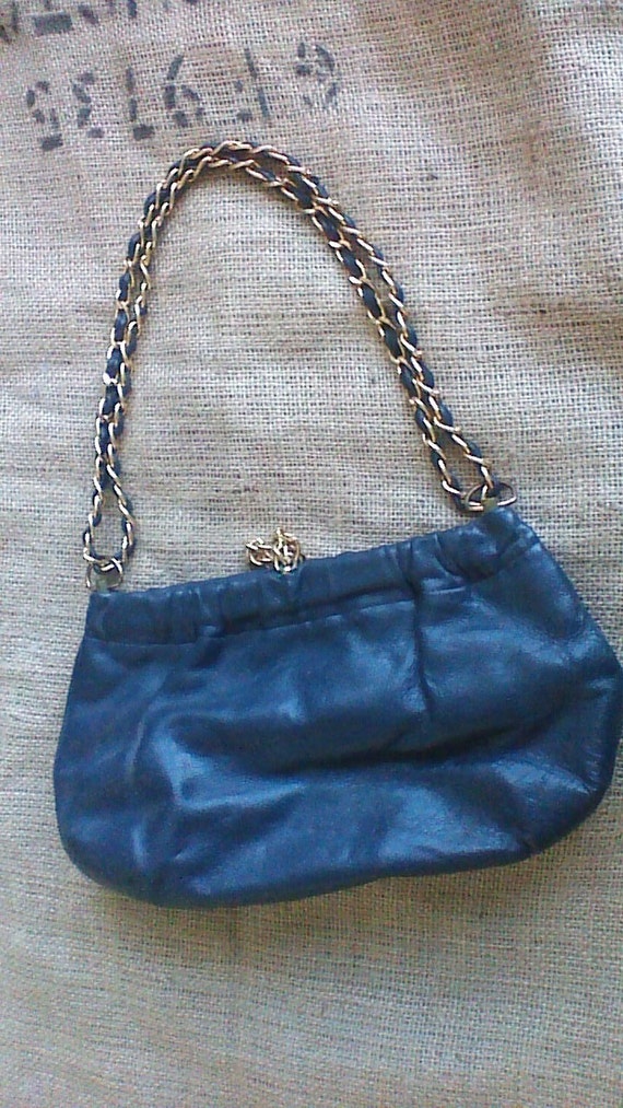 Vintage Leather Handbag / Blue Purse / Genuine Lea