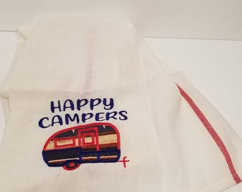 Happy Campers Tea Towel / Embroidered Kitchen Towel / RV Decor / Camping Towel