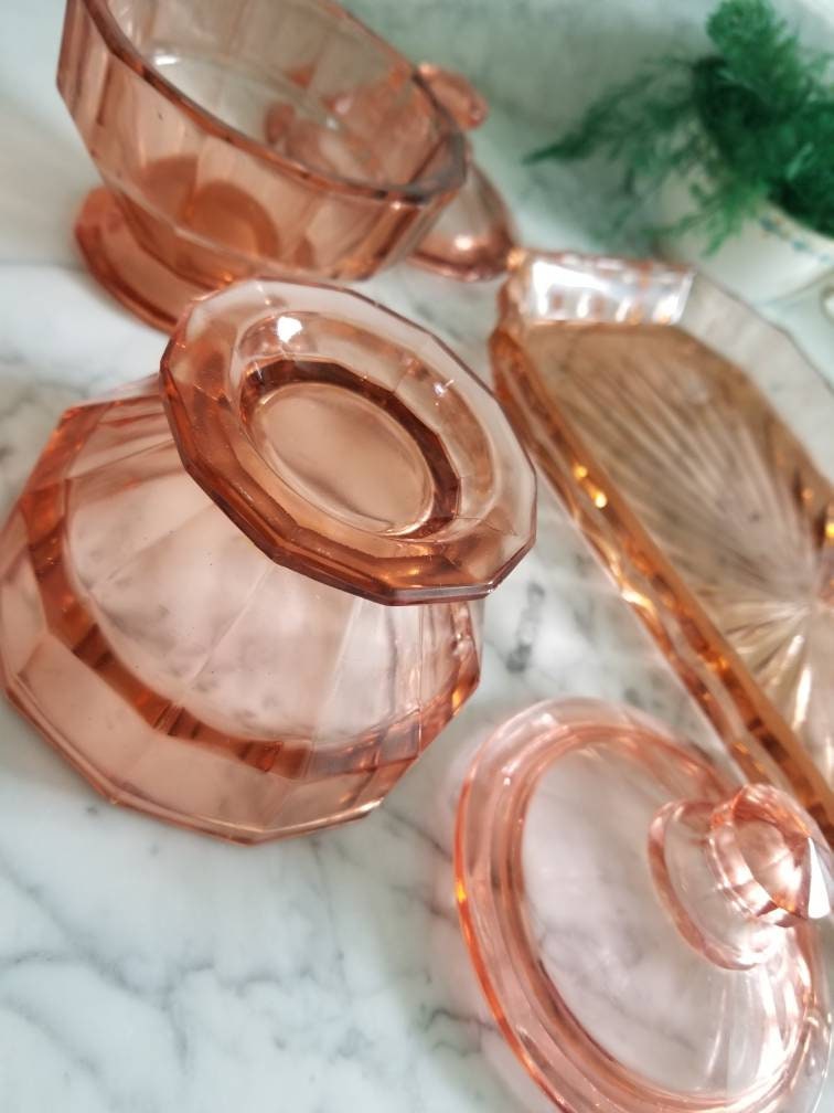 vintage pink glass dressing table set Pink Glass Dressing Table Set