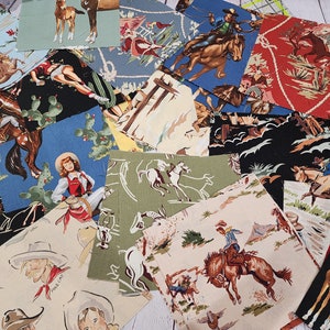 May include: A collection of colorful fabric squares featuring a western theme. The squares feature images of cowboys, horses, cacti, and other western imagery. The fabric is perfect for quilting, crafting, or other sewing projects.