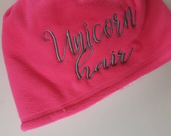 Pink Soft Fleece Beenie / Unicorn Hair Embroidered Winter Cap