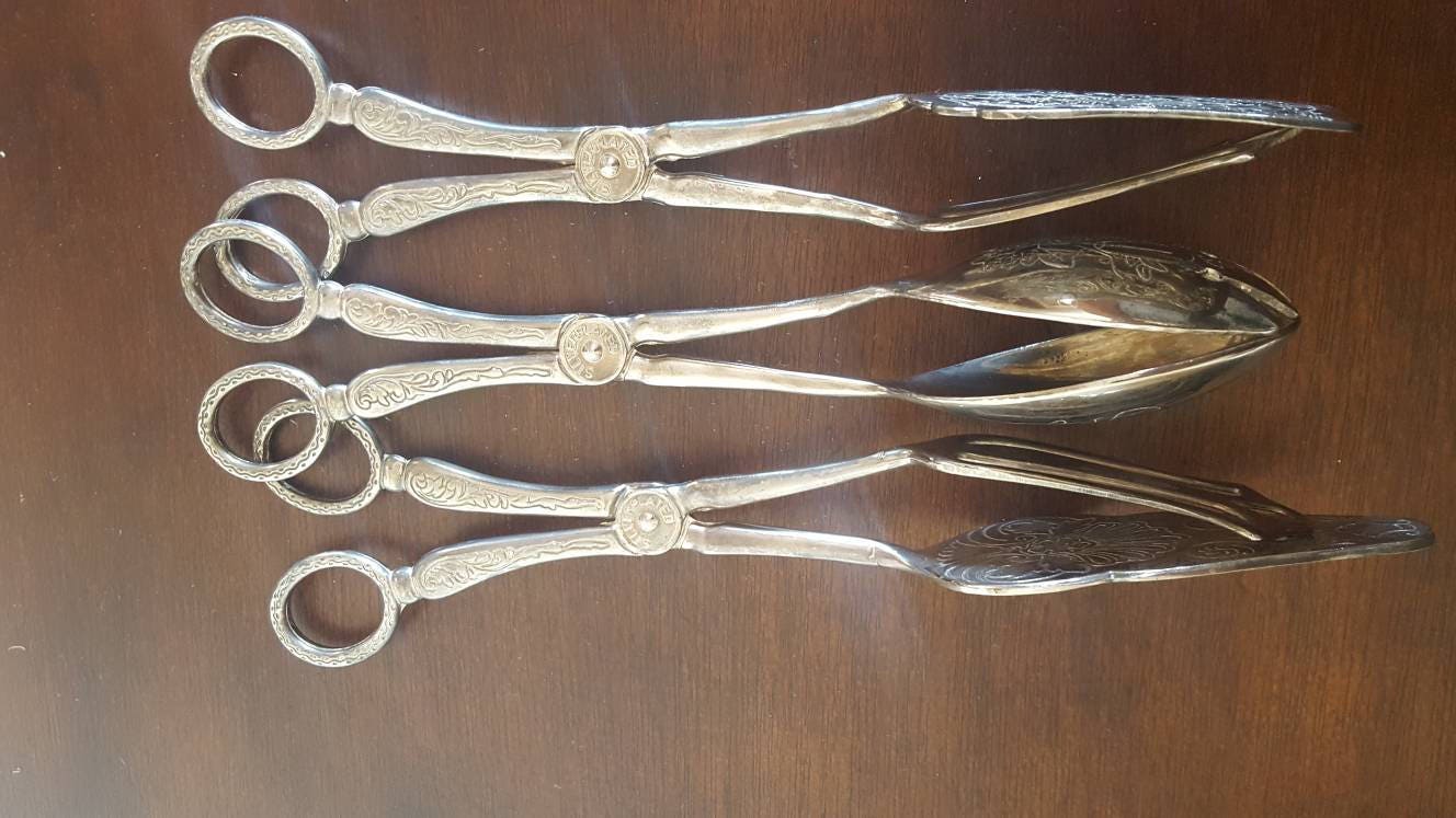 Set of 3 Silver Plate Serving Tongs / Decorative Fine Dining Pastry