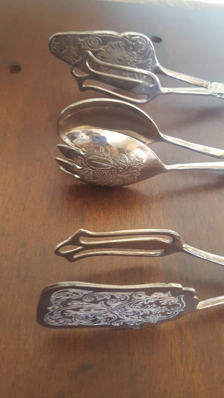 Set of 3 Silver Plate Serving Tongs / Decorative Fine Dining Pastry