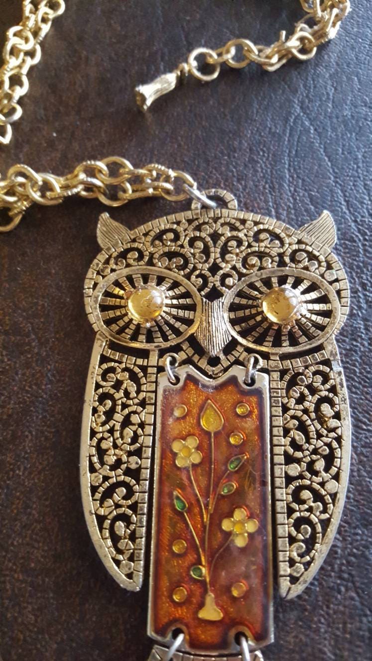 Owl Large Pendant Gold Necklace / Vintage Filigree Owl Statement ...