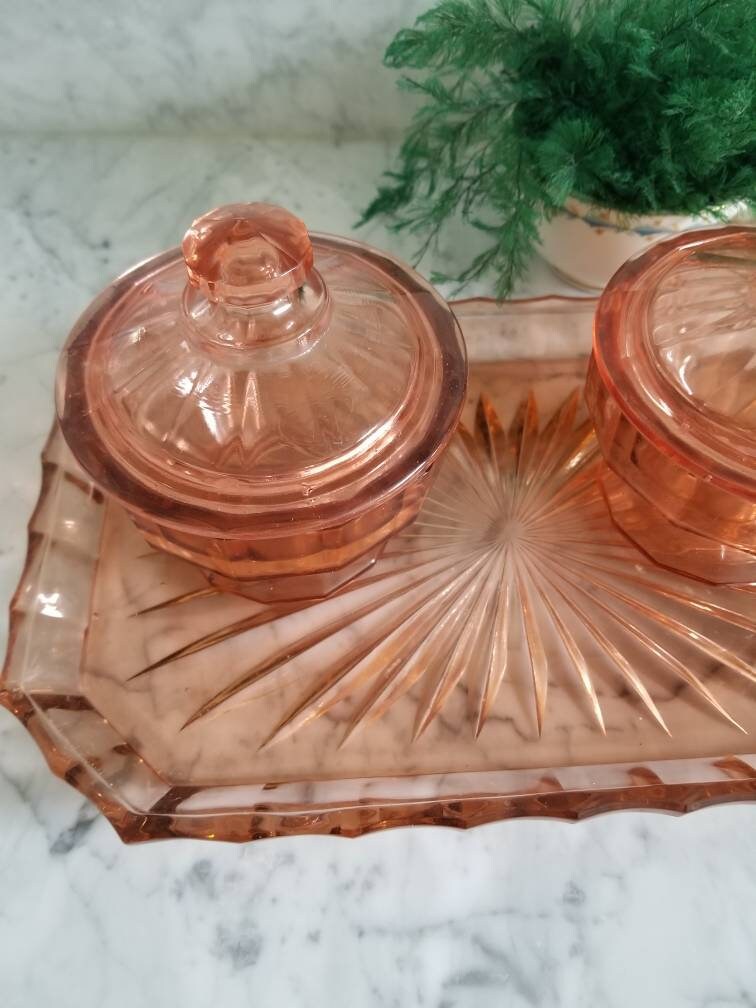vintage pink glass dressing table set Kitten
