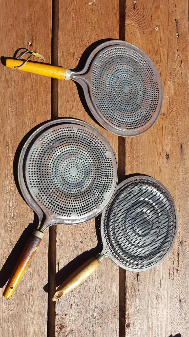 RESERVED Vintage Metal Strainer with Wood Handle / Pan Cover Grease