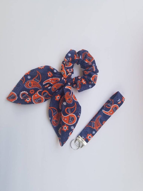 Paisley Orange and Blue  Scrunchie with Scarf / Roadrunners Key Fob Wristlet / UTSA