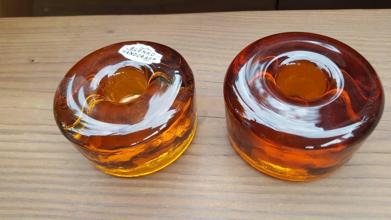 Vintage Art Glass / BLENKO / Amber Glass Candle Holder / Candle Stick