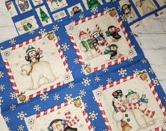 Penguins Snowman and Bears Fabril Panels / Potholder Squares / Christmas fabric