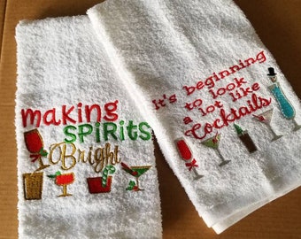 Christmas Apron / Towels / Embroidered Towels / It's Beginning to look a lot like Cocktails / Making Spirits Bright / Apron / Hostess Gift