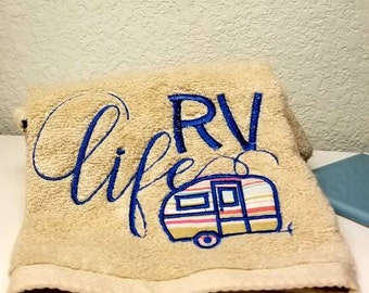 RV life Towel / Embroidered Applique Hand Towel / Happy Camper Towels / Travel Trailer Decor / Retirement Gift / Happy Campers Collection