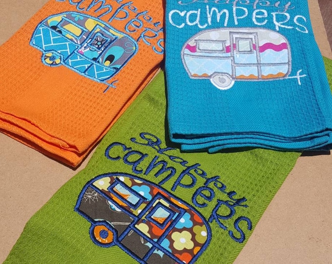 Featured listing image: Happy Campers Towel / RV Embroidered Dish Towel / Applique Towel / Home Decor / Resort Towel / Camping Towel / Happy Campers Collection