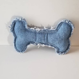 Denim Dog Bone Stuffed Fabric Toy / Shabby Raw Edge Upcycled Denim Cotton Dog Bone