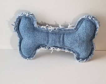 Denim Dog Bone Stuffed Fabric Toy / Shabby Raw Edge Upcycled Denim Cotton Dog Bone