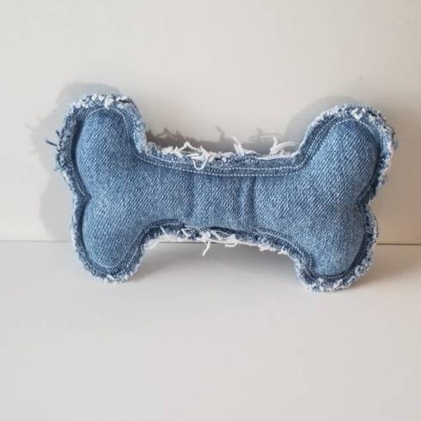 Denim Dog Bone Stuffed Fabric Toy / Shabby Raw Edge Upcycled Denim Cotton Dog Bone