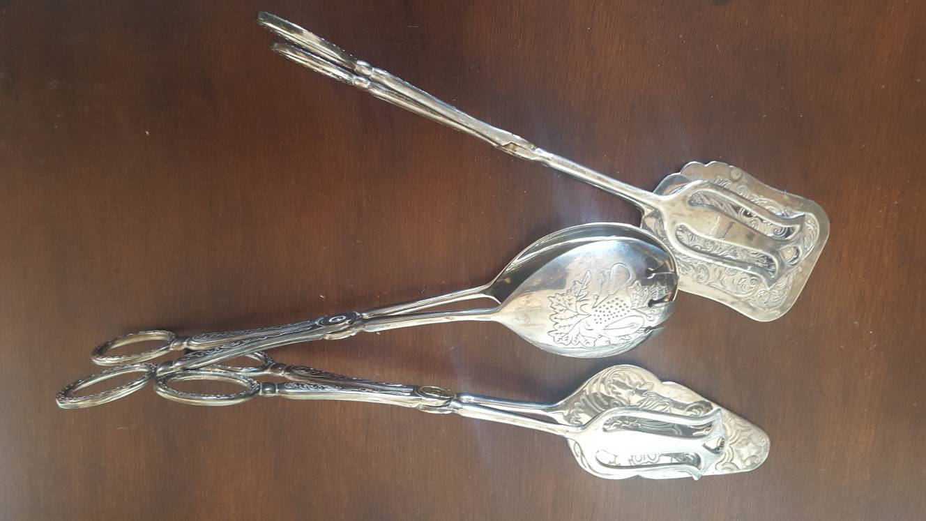 Set of 3 Silver Plate Serving Tongs / Decorative Fine Dining Pastry