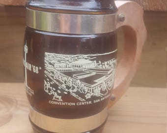 San Antonio Amber Glass Barrel Mug, 1968, Tower of the Americas, Convention Center, Souvenir Memorabilia, Celebrate San Antonio 100 Years