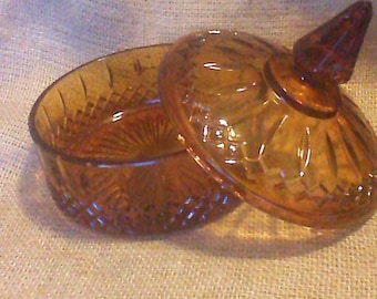 Vintage Candy Dish / Amber Diamond Point Tiara Candy Dish / Table Top Decor / Trinket Tray / Vintage Tiara Covered Dish