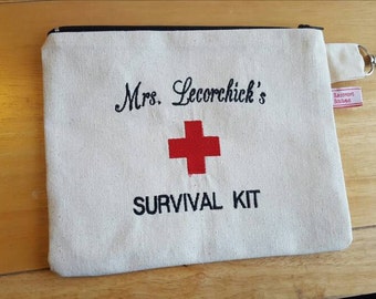 Teacher Survival Bag / Back to School Gift / Teacher Gift / Embroidered Pouch / Teacher Appreciation / Make up Pouch / Pencil Bag