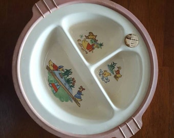 Vintage Baby Dish /  Insulated Baby Dish / Excello 1947 Duck Dish / 3 compartment Baby Dish / Shabby Chic / collectible Duck Plate