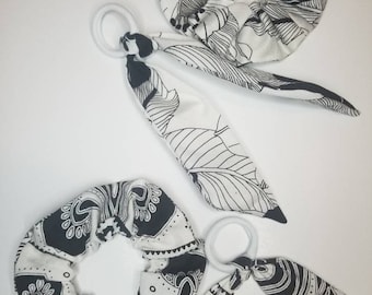 Scrunchie Hair Scarf Tie Combo / Black and White Scrunchie Set