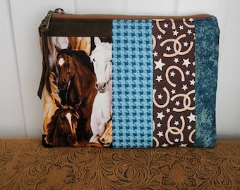 Western Zippered Bag / Horse Patchwork Accessory Bag / Cosmetic Pouch