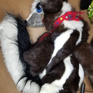 May include: A brown and white skunk puppet with a red and blue bandana around its neck. The puppet has a long, bushy tail and a black nose.
