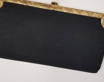 Vintage Lewis Black Clutch with Kiss Lock Clasp / Embossed Metal Frame LEWIS Vintage Handbag