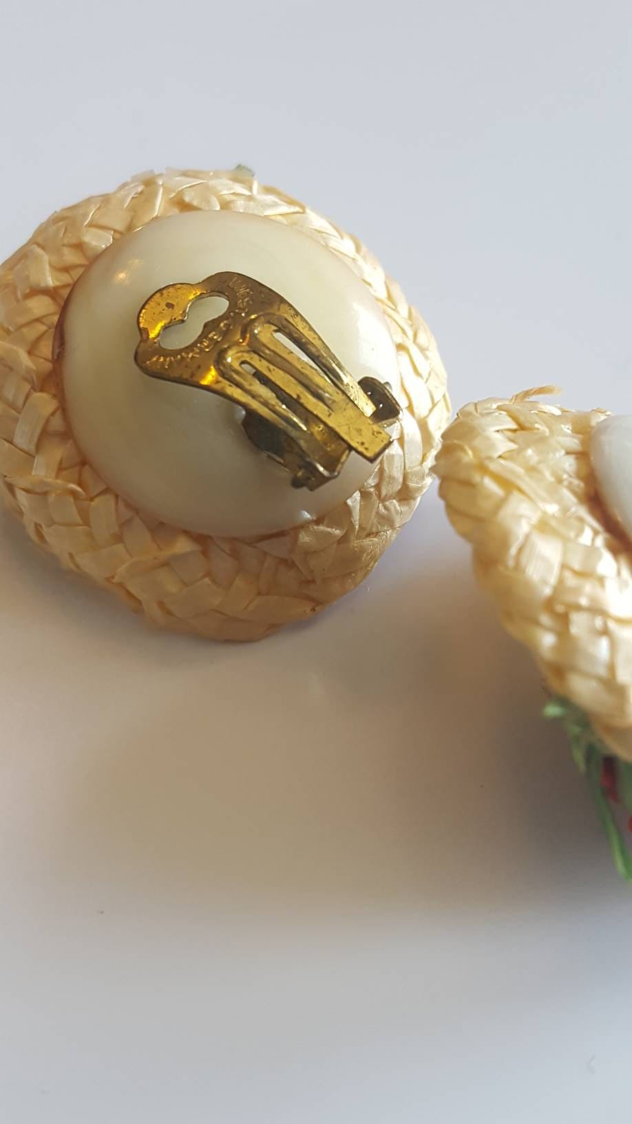 Vintage Straw Hat Earrings / West Germany / Fruit Earrings / Straw Clip