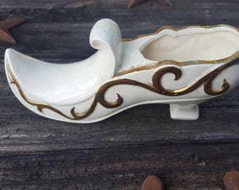 Vintage Porcelain Shoe Trimmed in Gold wirh Curled Up Front, Porcelain Dutch High Heel Shoe, Miniature Shoe