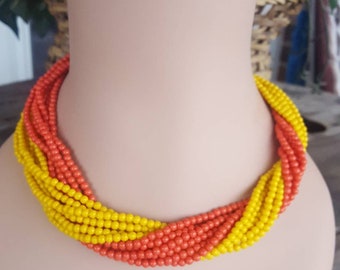 Vintage Multistrand Necklace / Twist Bead Necklace / Orange Beaded Necklace / Yellow Beaded Necklace