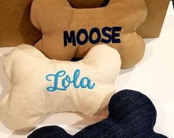 Personalized Dog Bone / Mini Dog Pillow / Gift For Pet / Denim / Canvas / Embroidered Puppy Toy / Pet Keepsake