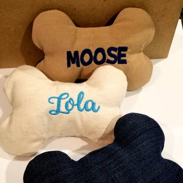 Personalized Dog Bone / Mini Dog Pillow / Gift For Pet / Denim / Canvas / Embroidered Puppy Toy / Pet Keepsake