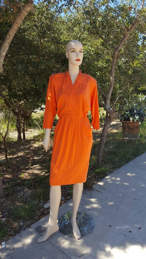 Orange Jersey Dress with Shoulder Pads 80's / Oran