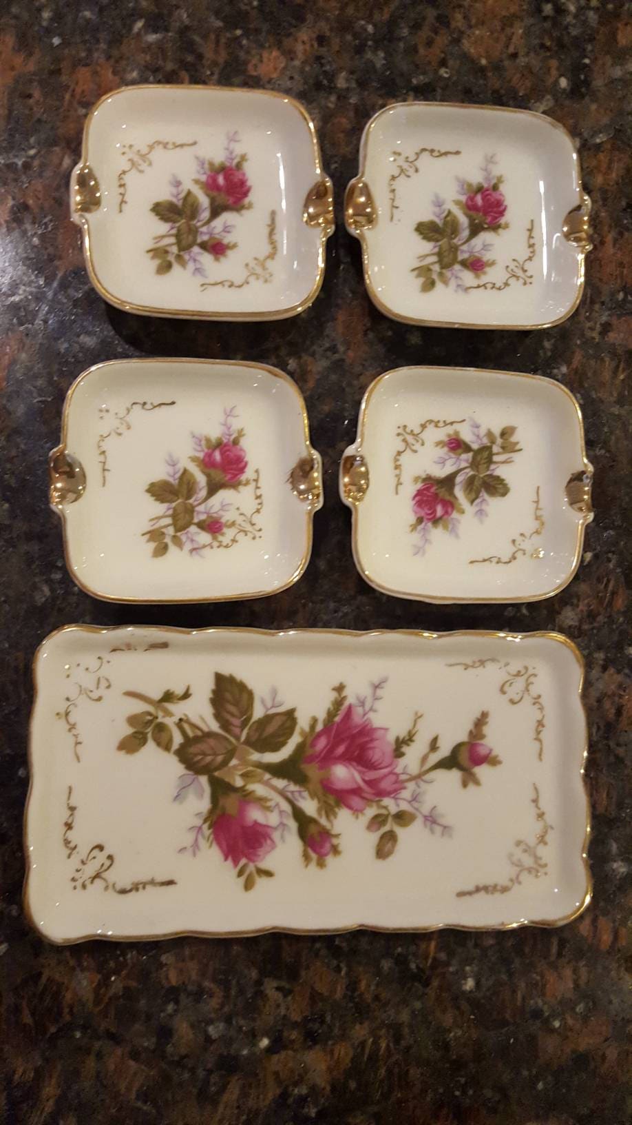 Vintage Porcelain Snack Sushi Set / Rose pattern Mini Plates / Gold Rim